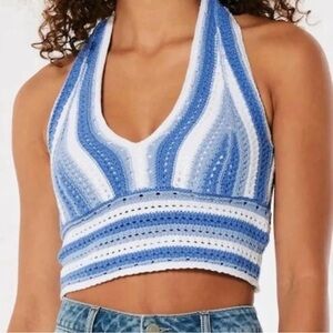 Hollister Blue and White Crochet Halter Crop Top